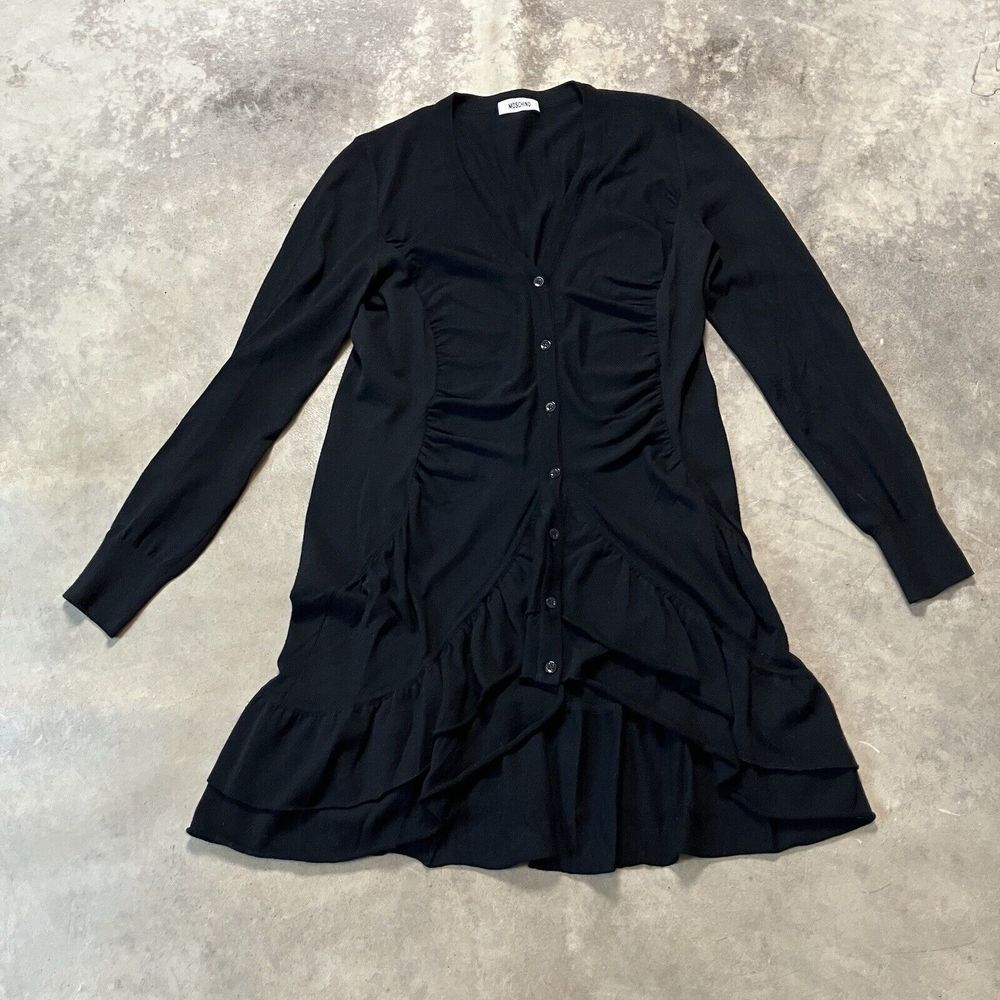 Moschino Sweater Dress Women 10 Black Button up V Neck Long Sleeve Tiered Ruffle